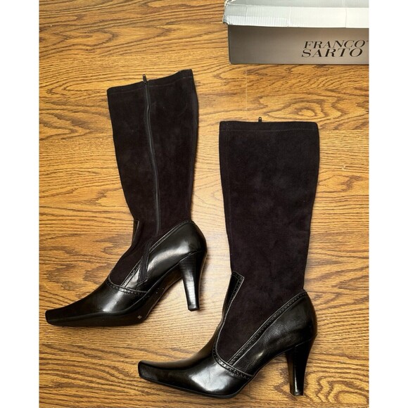 Franco Sarto Womens‎ 7.5M Boots Black Faux Suede Knee High Heel Pointed Toe Zip - Picture 1 of 11